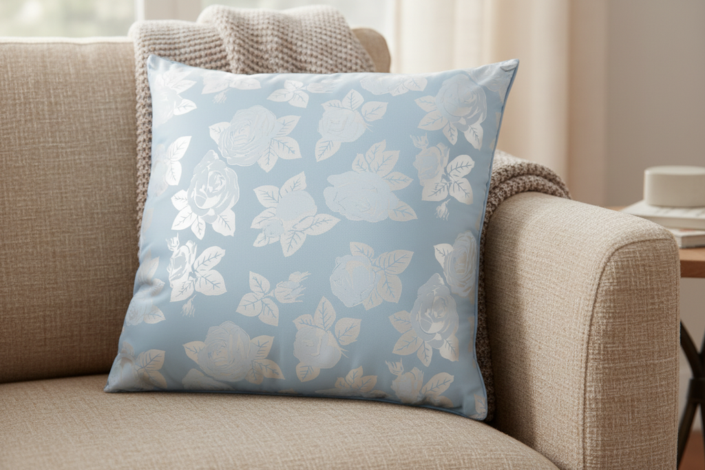 Perna 60x60 cm ,Albastru cu trandafiri argintii