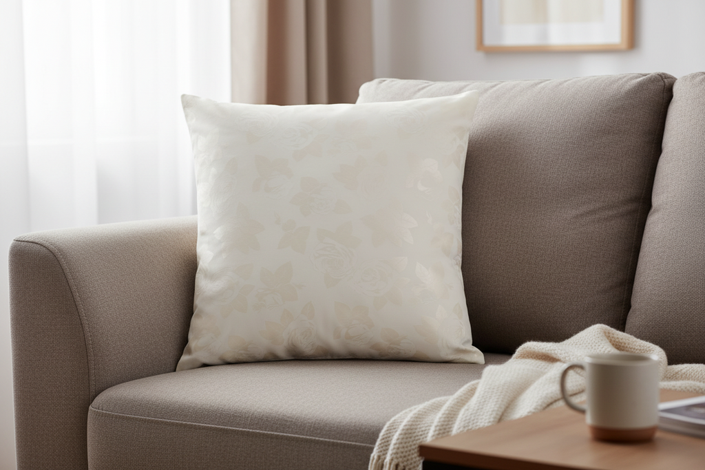 Perna 60x60 cm, Alb cu trandafiri argintii