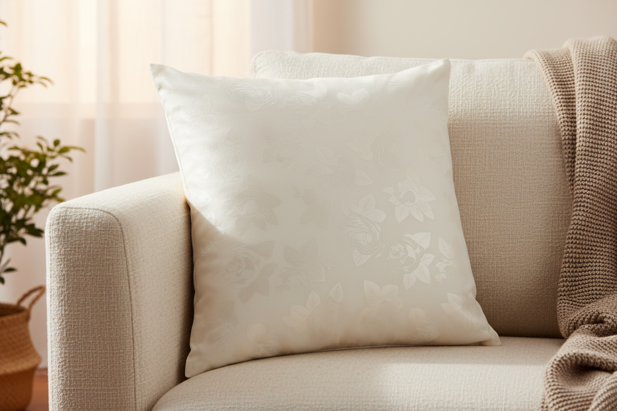 Perna 70x70 cm, Alb cu trandafiri argintii