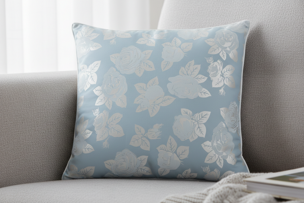 Perna 40x40 cm, Albastru cu trandafiri argintii