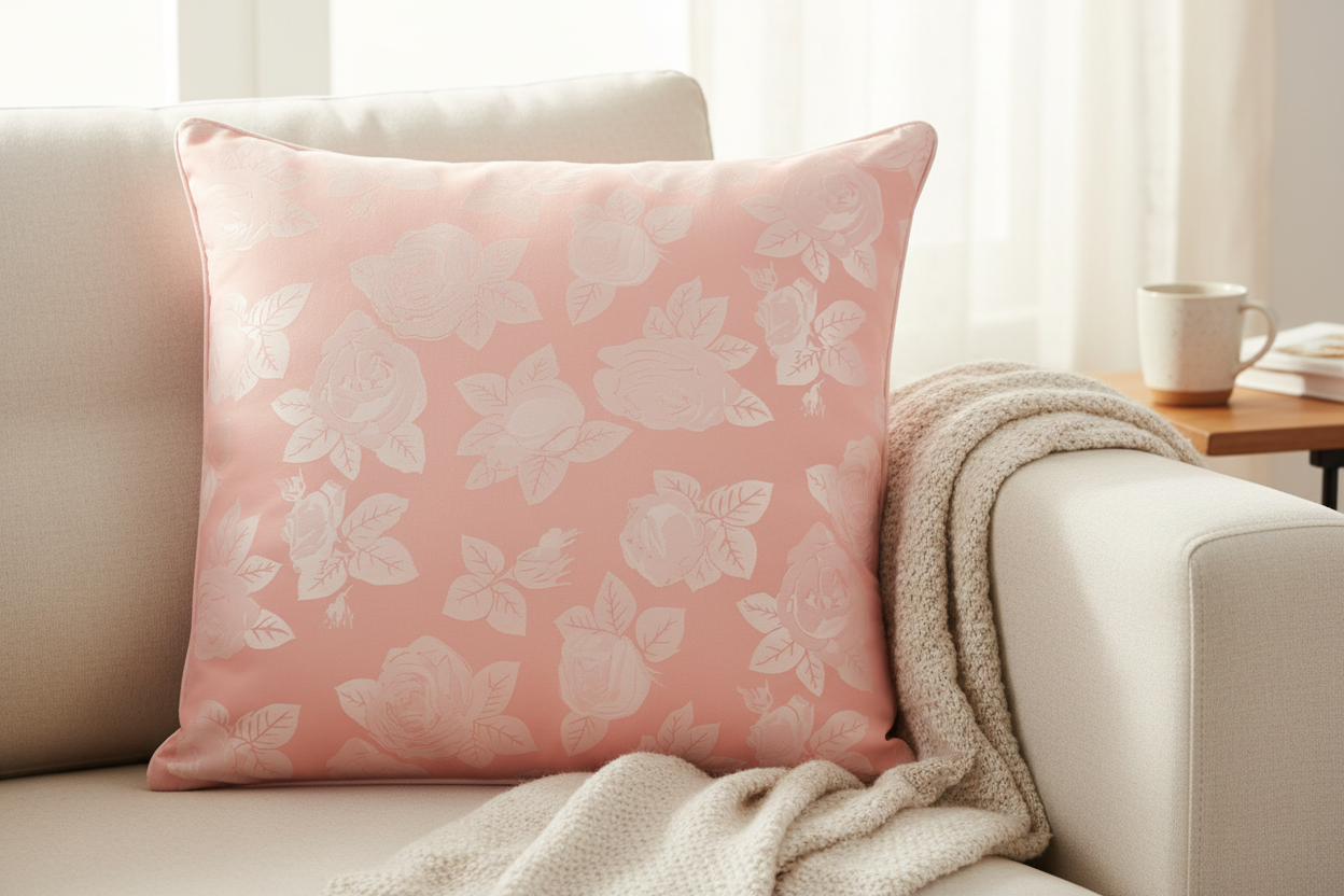 Perna 70x70 cm, Roz cu trandafiri argintii