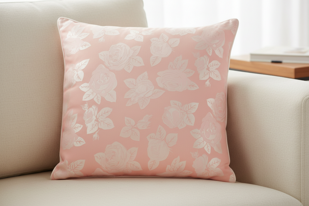 Perna 40x40 cm, Roz cu trandafiri argintii